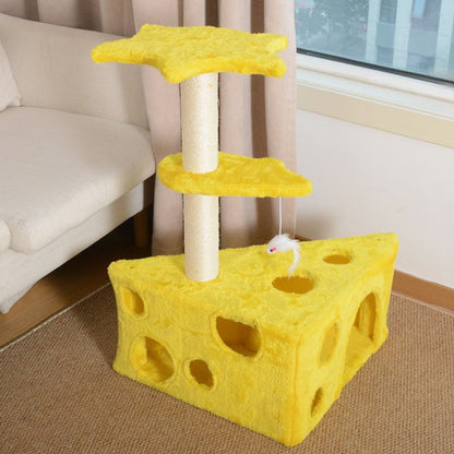 Kleiner katzenbaum, kreativem Käse-Design, Katzen Baum mit Maus Plüschtier, platzsparend, 73cm, Gelb