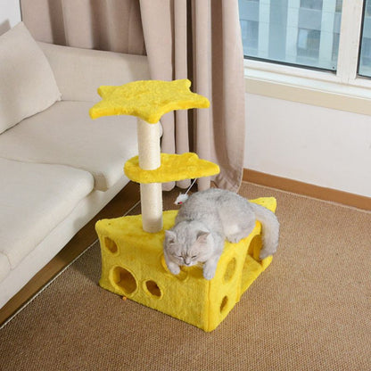 Kleiner katzenbaum, kreativem Käse-Design, Katzen Baum mit Maus Plüschtier, platzsparend, 73cm, Gelb