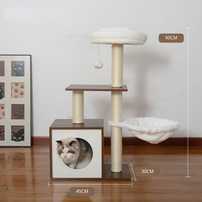 Hochwertiger Katzenbaum, Kratzbaum mit Katzenhöhle aus Holz, 2 Plüsch Katzenbetten, 90 cm hoher, vintagebraun und Beige