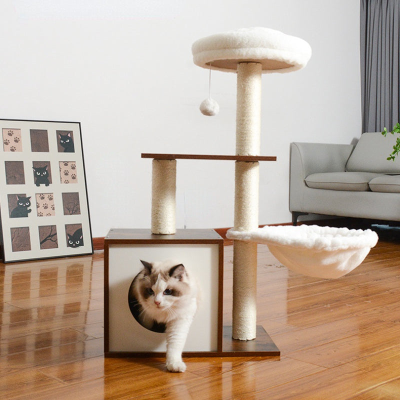 Hochwertiger Katzenbaum, Kratzbaum mit Katzenhöhle aus Holz, 2 Plüsch Katzenbetten, 90 cm hoher, vintagebraun und Beige