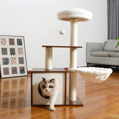 Hochwertiger Katzenbaum, Kratzbaum mit Katzenhöhle aus Holz, 2 Plüsch Katzenbetten, 90 cm hoher, vintagebraun und Beige