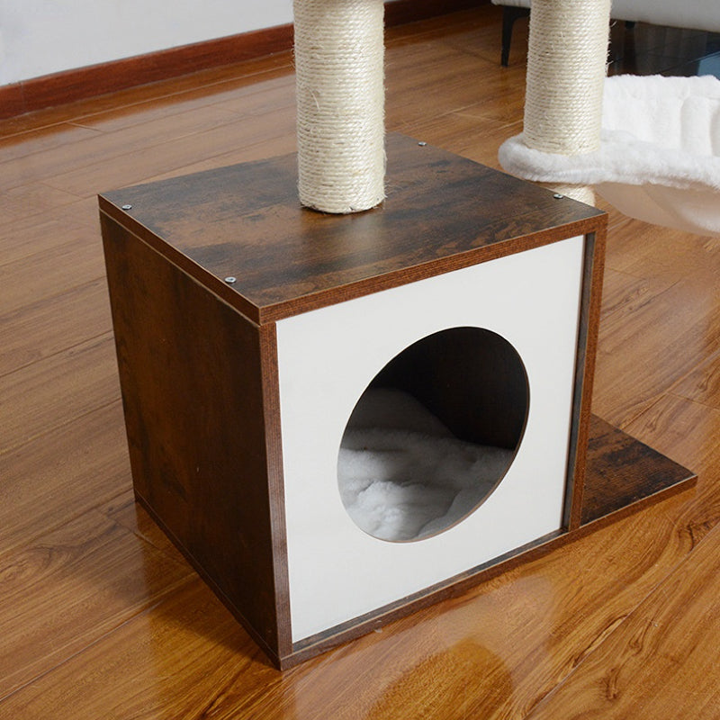 Hochwertiger Katzenbaum, Kratzbaum mit Katzenhöhle aus Holz, 2 Plüsch Katzenbetten, 90 cm hoher, vintagebraun und Beige