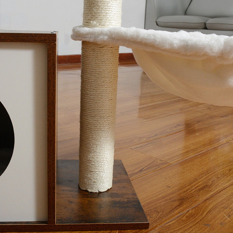 Hochwertiger Katzenbaum, Kratzbaum mit Katzenhöhle aus Holz, 2 Plüsch Katzenbetten, 90 cm hoher, vintagebraun und Beige