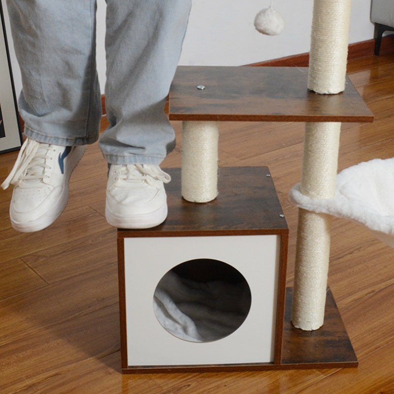 Hochwertiger Katzenbaum, Kratzbaum mit Katzenhöhle aus Holz, 2 Plüsch Katzenbetten, 90 cm hoher, vintagebraun und Beige