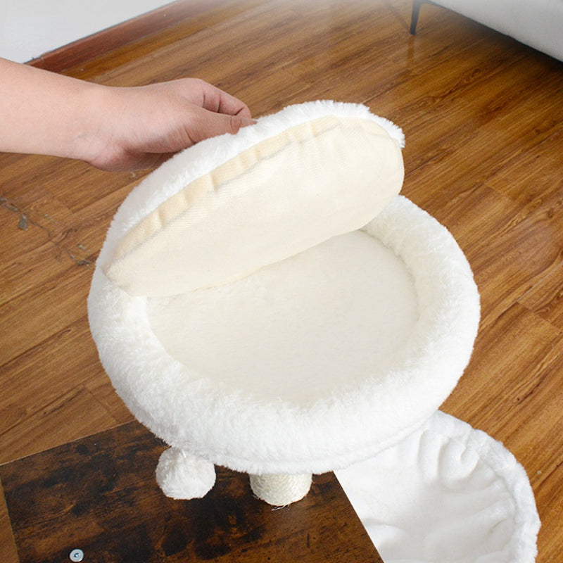 Hochwertiger Katzenbaum, Kratzbaum mit Katzenhöhle aus Holz, 2 Plüsch Katzenbetten, 90 cm hoher, vintagebraun und Beige