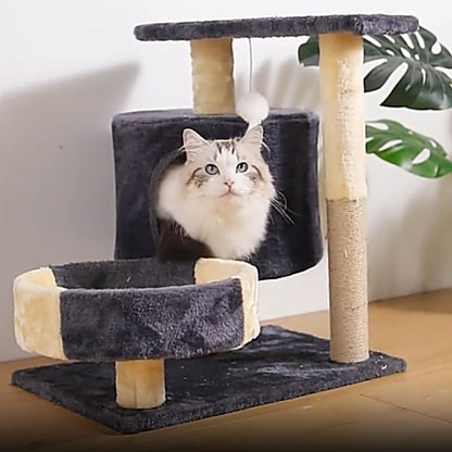 Mini Katzenbaum, Hochwertiger Katzenbaum mit Kratzbaum, Plüsch Höhle und Katzenbett, Schwarz oder Grau