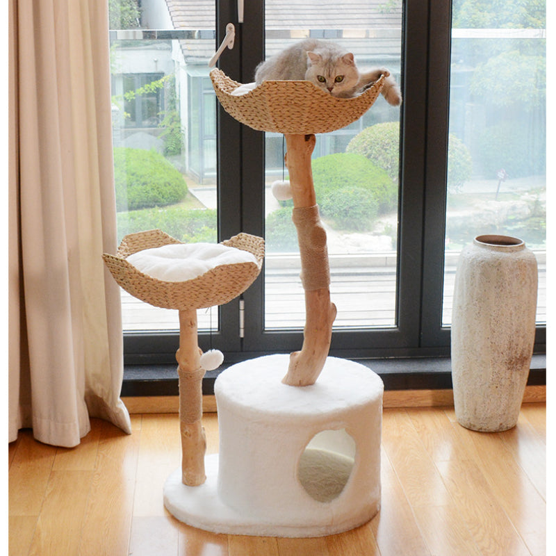 Katzenbaum Holz, Holz Katzenkratzbaum für Mehrkatzenhaushalte, mit doppeltem Rattan-Katzenbett & abnehmbaren Kissen