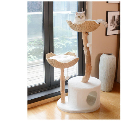 Katzenbaum Holz, Holz Katzenkratzbaum für Mehrkatzenhaushalte, mit doppeltem Rattan-Katzenbett & abnehmbaren Kissen