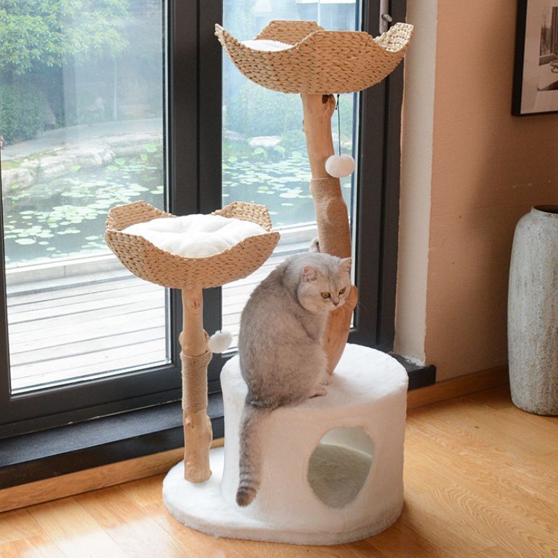 Katzenbaum Holz, Holz Katzenkratzbaum für Mehrkatzenhaushalte, mit doppeltem Rattan-Katzenbett & abnehmbaren Kissen