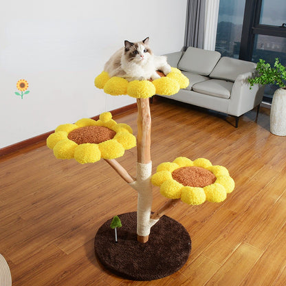 Katzenbaum grosse Katzen, Katzenbaum aus Holz, Plüsch Sonnenblumen-Katzenbett mit drei Ebenen, für mehrere Katzen