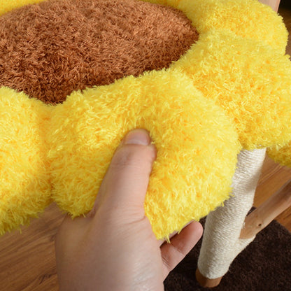 Katzenbaum grosse Katzen, Katzenbaum aus Holz, Plüsch Sonnenblumen-Katzenbett mit drei Ebenen, für mehrere Katzen