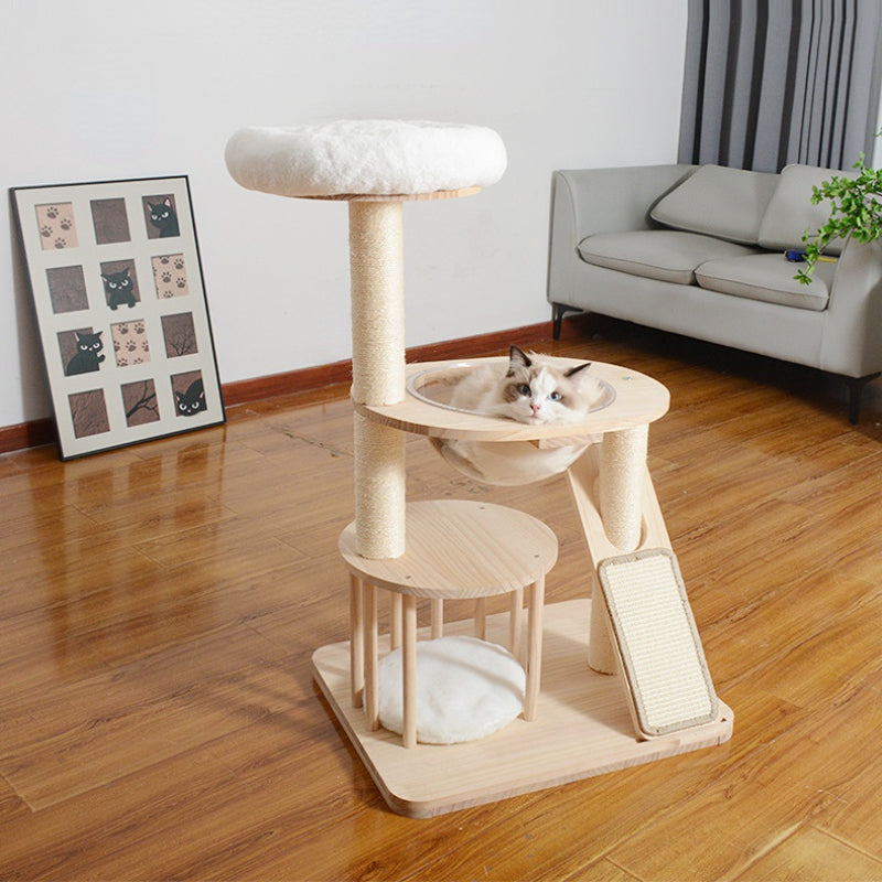 Katzenbaum Holz, Stabiler Kratzbaum aus Massivholz, Sisal-kratzbrett, Drei Ebenen Katzenbett, Ideal für Mehrkatzenhaushalte