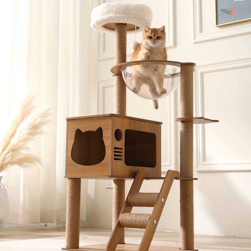 Katzenbaum, Katzenbaum Hoch mit Spielzeug, Plüschkatzenbett und Kletterleiter, Kratzbaum Stabil 109cm hoch