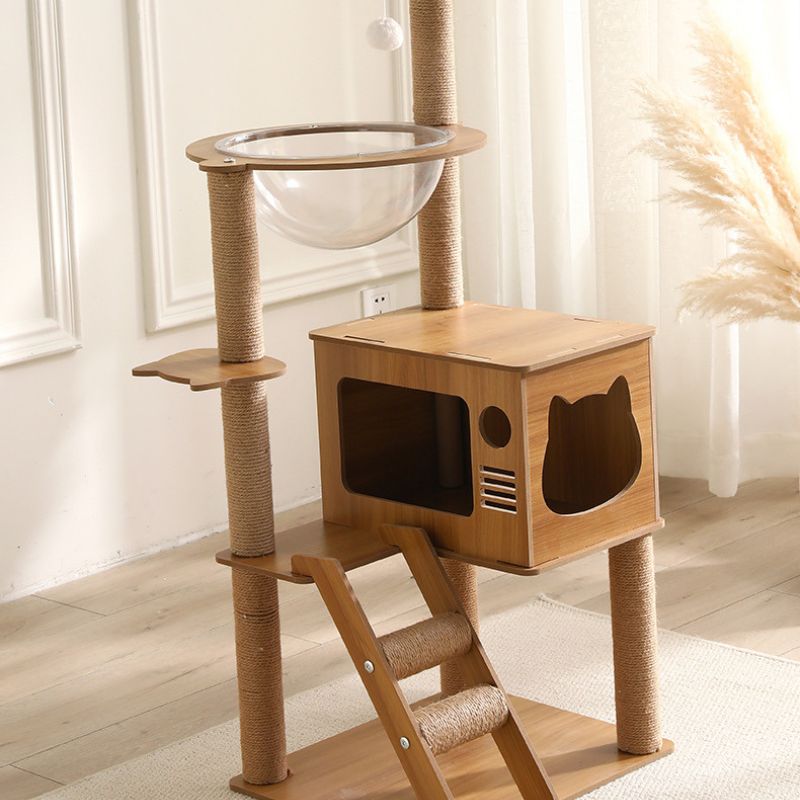 Katzenbaum, Katzenbaum Hoch mit Spielzeug, Plüschkatzenbett und Kletterleiter, Kratzbaum Stabil 109cm hoch