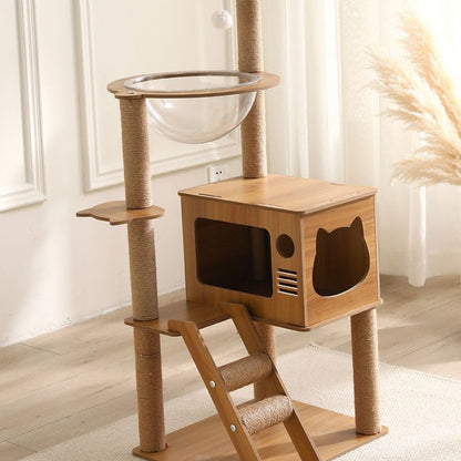 Katzenbaum, Katzenbaum Hoch mit Spielzeug, Plüschkatzenbett und Kletterleiter, Kratzbaum Stabil 109cm hoch