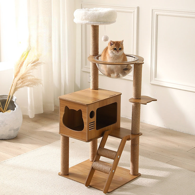 Katzenbaum, Katzenbaum Hoch mit Spielzeug, Plüschkatzenbett und Kletterleiter, Kratzbaum Stabil 109cm hoch