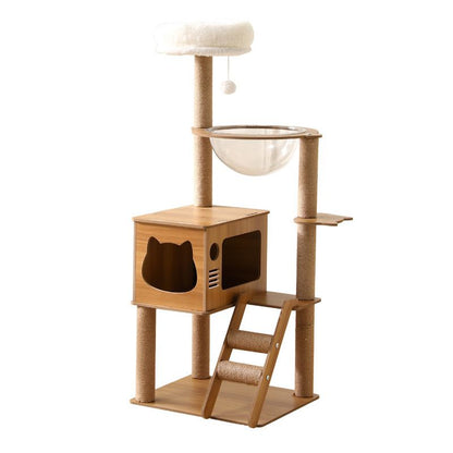 Katzenbaum, Katzenbaum Hoch mit Spielzeug, Plüschkatzenbett und Kletterleiter, Kratzbaum Stabil 109cm hoch