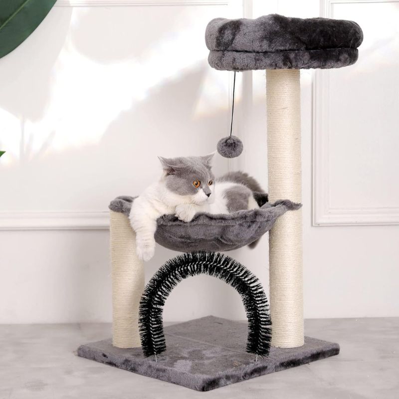 Kleine Katzenbaum, Cat Tree mit Kratzsäule und Bürstentunnel, Plüsch Katzenbett und Plüschball, platzsparend