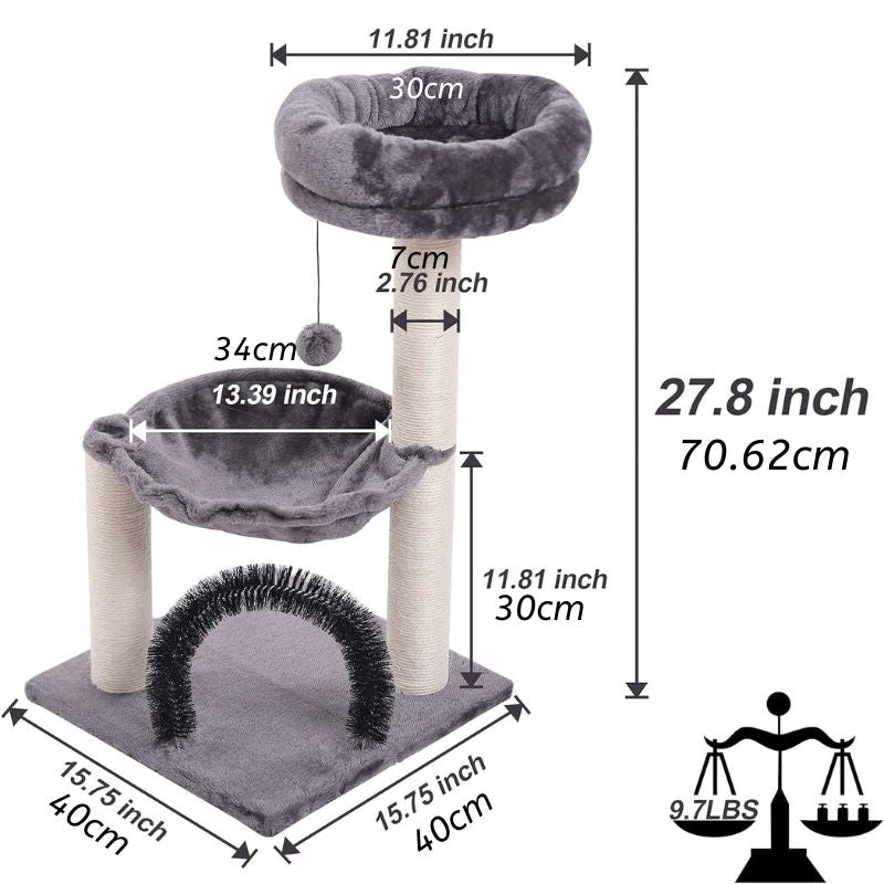 Kleine Katzenbaum, Cat Tree mit Kratzsäule und Bürstentunnel, Plüsch Katzenbett und Plüschball, platzsparend