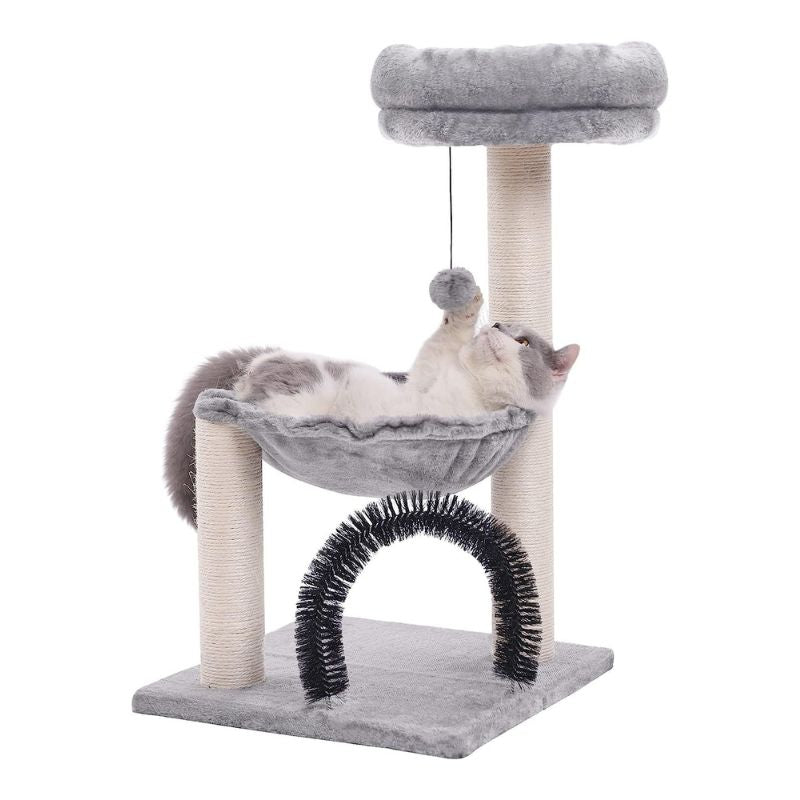 Kleine Katzenbaum, Cat Tree mit Kratzsäule und Bürstentunnel, Plüsch Katzenbett und Plüschball, platzsparend