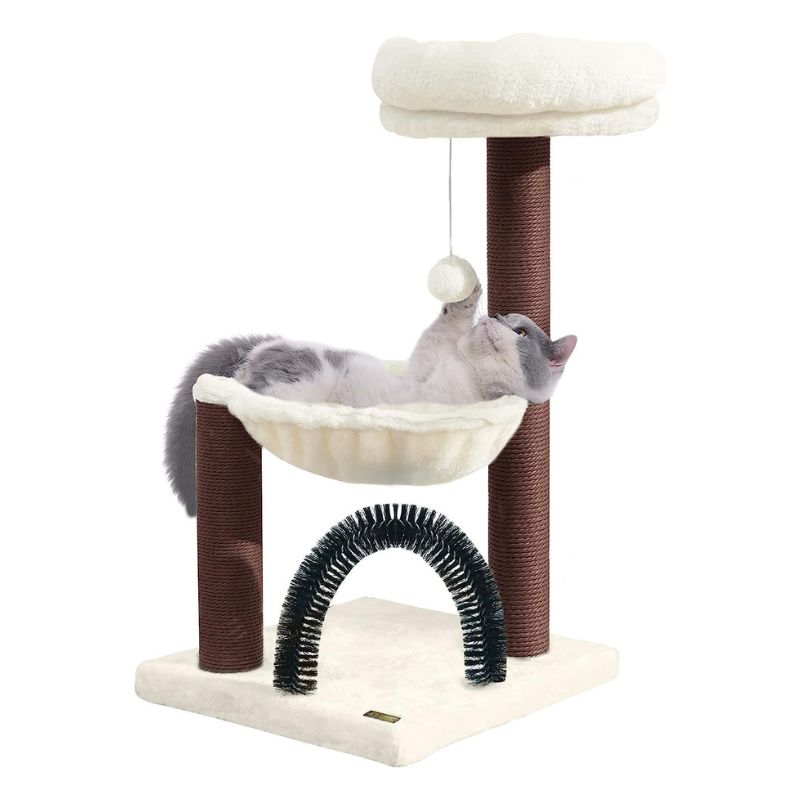Kleine Katzenbaum, Cat Tree mit Kratzsäule und Bürstentunnel, Plüsch Katzenbett und Plüschball, platzsparend