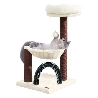 Kleine Katzenbaum, Cat Tree mit Kratzsäule und Bürstentunnel, Plüsch Katzenbett und Plüschball, platzsparend