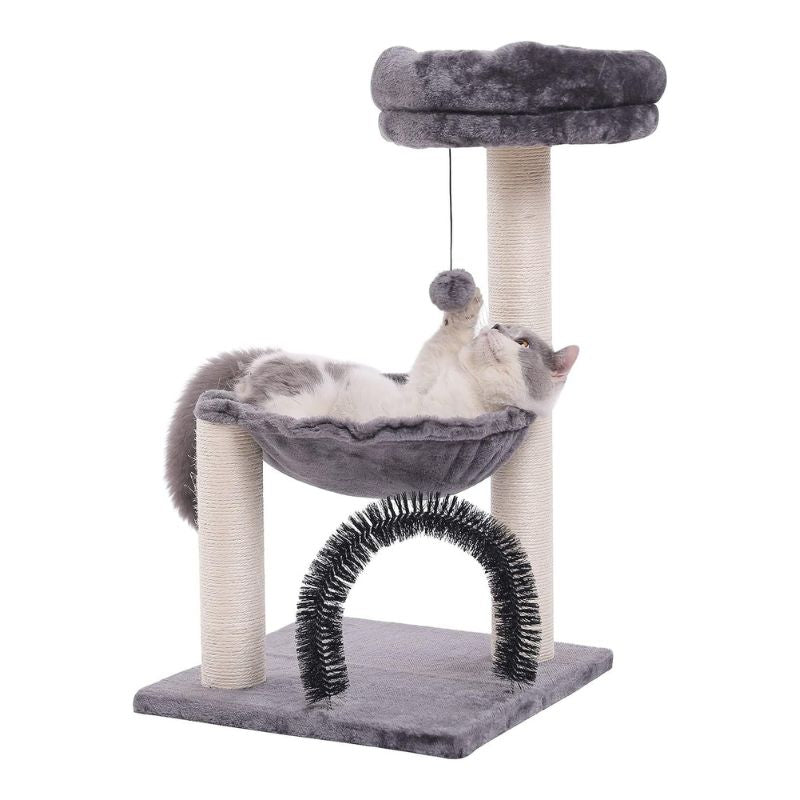 Kleine Katzenbaum, Cat Tree mit Kratzsäule und Bürstentunnel, Plüsch Katzenbett und Plüschball, platzsparend