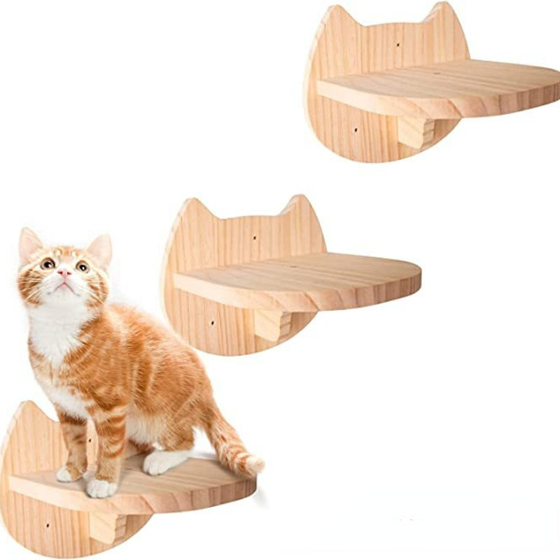 Wand Katzenbaum, Wandspielzeug für Katzen aus Holz, Stabiler Katzenplattform mit niedlichem Katzenmuster (1 Stück)