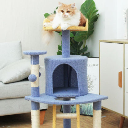 Katzenbaum, Cartoon-Stil, Lustiger Katzenbaum mit Kletterleiter und Ruheplattform, Weiche Plüsch-Oberflächen