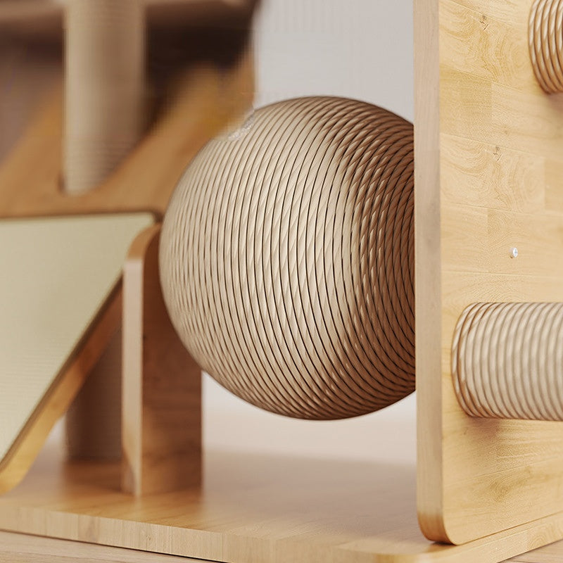 Katzenbaum Holz, Massivholz Katzenkratzbaum mit großem, rotierender Sisalball für Katzen & Elliptische Raumkapsel Für Katzen