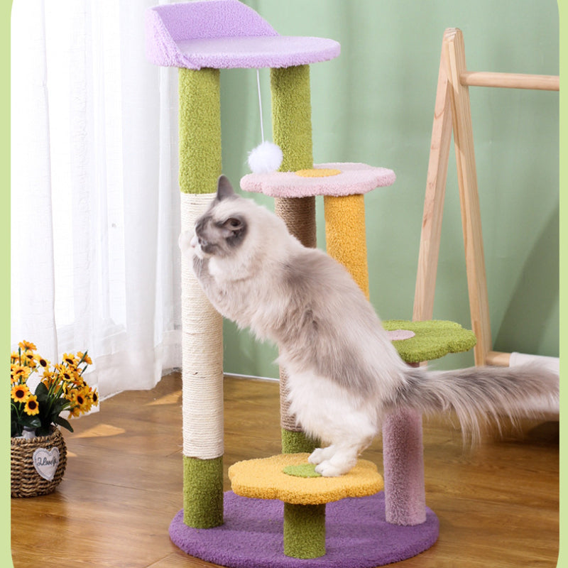 Katzenbaum Grosse Katzen, plattform in Blumenform, Dreilagiger Katzenbaum mit Plüsch Katzenball & Sisal-Kratzsäulen