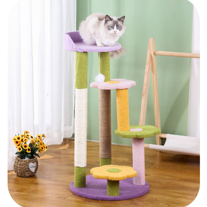 Katzenbaum Grosse Katzen, plattform in Blumenform, Dreilagiger Katzenbaum mit Plüsch Katzenball & Sisal-Kratzsäulen