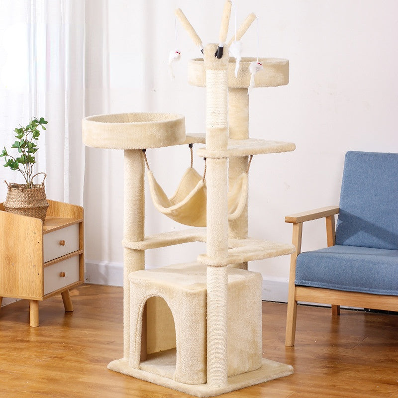 Katzenbaum groß, Beige Luxus Mehrschichtig Katzenkratzbaum mit zahlreichen Spielmöglichkeiten, für Spielen & Entspannen