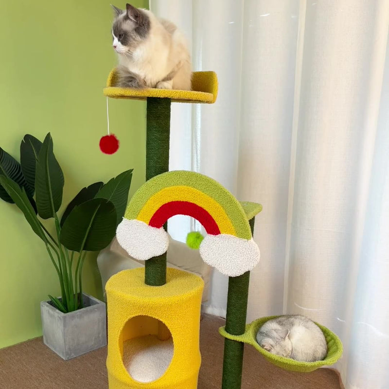 Katzenbaum für große Katzen, Regenbogen Katzen-Kletterbaum mit doppeltem Katzenloch & Katzenball, ideal für Mehrkatzenhaushalte