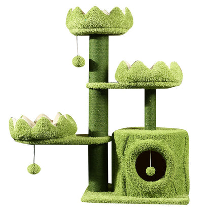 Katzenbaum groß, Grünes Plüsch-Lotuskatzen-Klettergerüst für Mehrkatzenhaushalte, Warm & gemütlich, Katzen entspannen