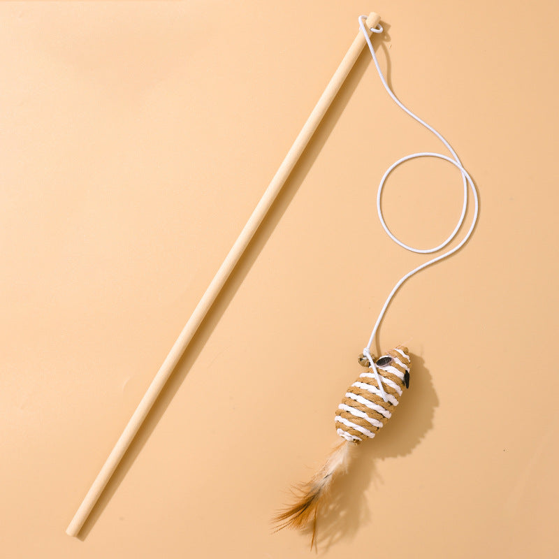 Katzenangel Katzenspielzeug Naturholzstab Mit Elastischer Kordel und Glöckchen Mit Sisalanhänger, hochgradig interaktiv (1 Stück)