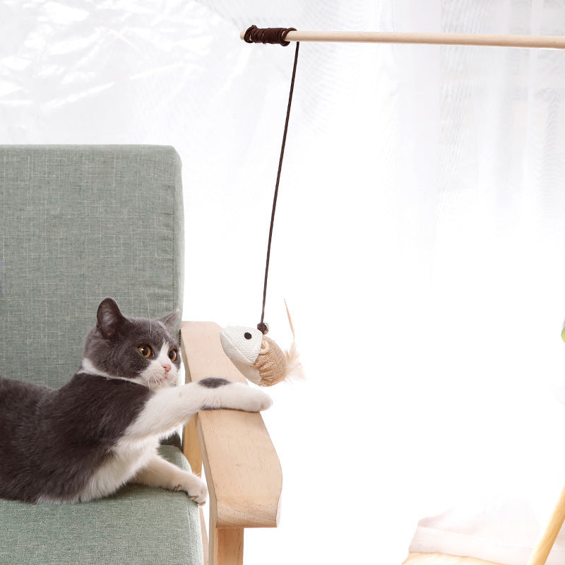 Katzenangel Katzenspielzeug Naturholzstab Mit Elastischer Kordel und Glöckchen Mit Sisalanhänger, hochgradig interaktiv (1 Stück)