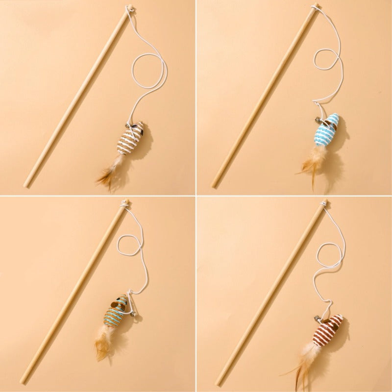 Katzenangel Katzenspielzeug Naturholzstab Mit Elastischer Kordel und Glöckchen Mit Sisalanhänger, hochgradig interaktiv (1 Stück)