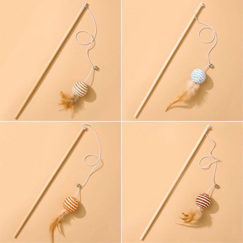 Katzenangel Katzenspielzeug Naturholzstab Mit Elastischer Kordel und Glöckchen Mit Sisalanhänger, hochgradig interaktiv (1 Stück)