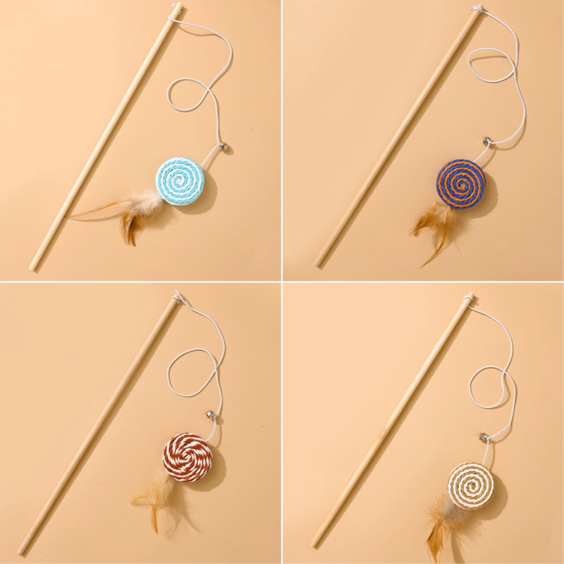 Katzenangel Katzenspielzeug Naturholzstab Mit Elastischer Kordel und Glöckchen Mit Sisalanhänger, hochgradig interaktiv (1 Stück)