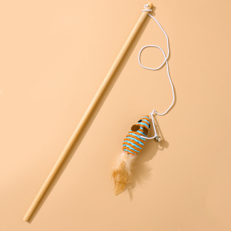 Katzenangel Katzenspielzeug Naturholzstab Mit Elastischer Kordel und Glöckchen Mit Sisalanhänger, hochgradig interaktiv (1 Stück)