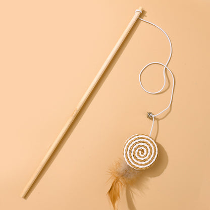 Katzenangel Katzenspielzeug Naturholzstab Mit Elastischer Kordel und Glöckchen Mit Sisalanhänger, hochgradig interaktiv (1 Stück)