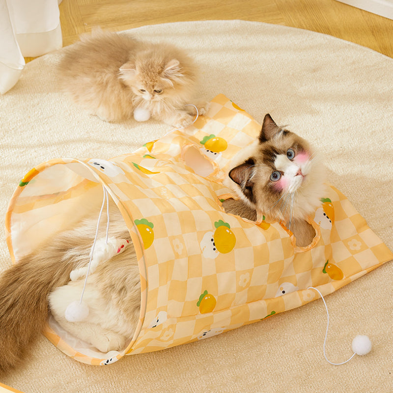 Katze Spielzeug, Bohrertasche, Gelbes Karottenkaninchenmuster mit Geräuschpapier, Mäusen & 3 Plüschbällen, Faltbar, Spielen