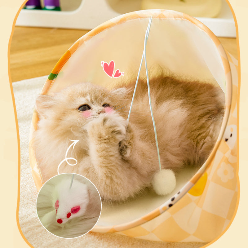 Katze Spielzeug, Bohrertasche, Gelbes Karottenkaninchenmuster mit Geräuschpapier, Mäusen & 3 Plüschbällen, Faltbar, Spielen