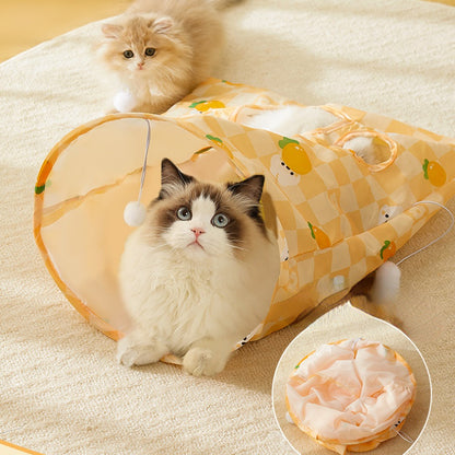 Katze Spielzeug, Bohrertasche, Gelbes Karottenkaninchenmuster mit Geräuschpapier, Mäusen & 3 Plüschbällen, Faltbar, Spielen