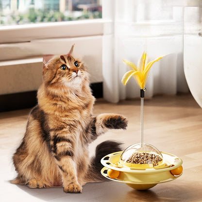 Katzen Spielzeug, Gelber Wackel-Cat-Drehteller, Futterspielzeug aus PP & ABS Material, Lernspielzeug Katze mit Katzenangel