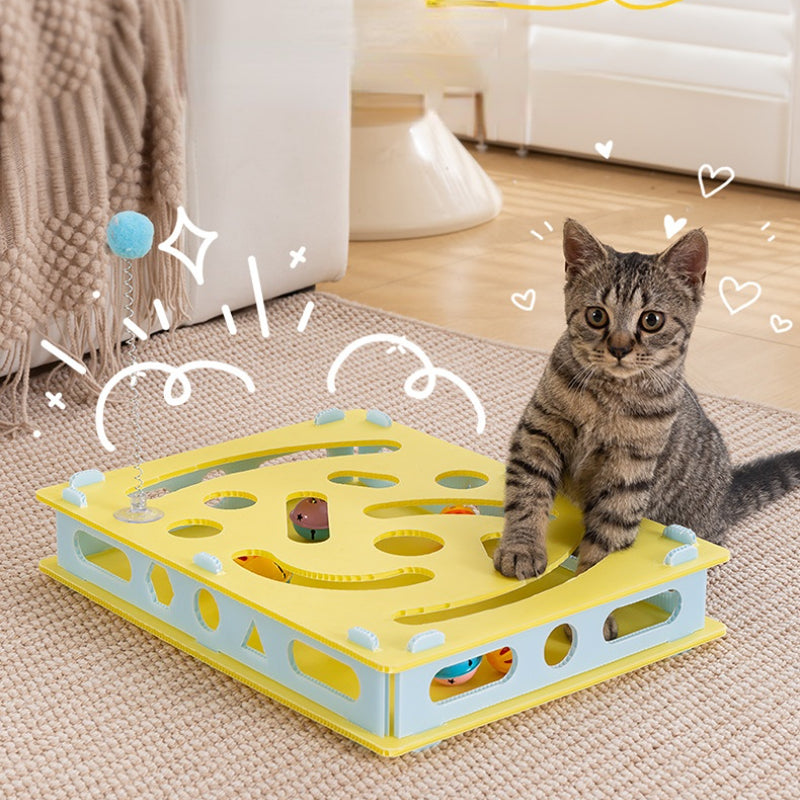 Intelligenzspielzeug Katze, Labyrinth-box Katzenspielzeug mit 6 Bimmelbällen und Frühling Katzenangel für Unterhaltung