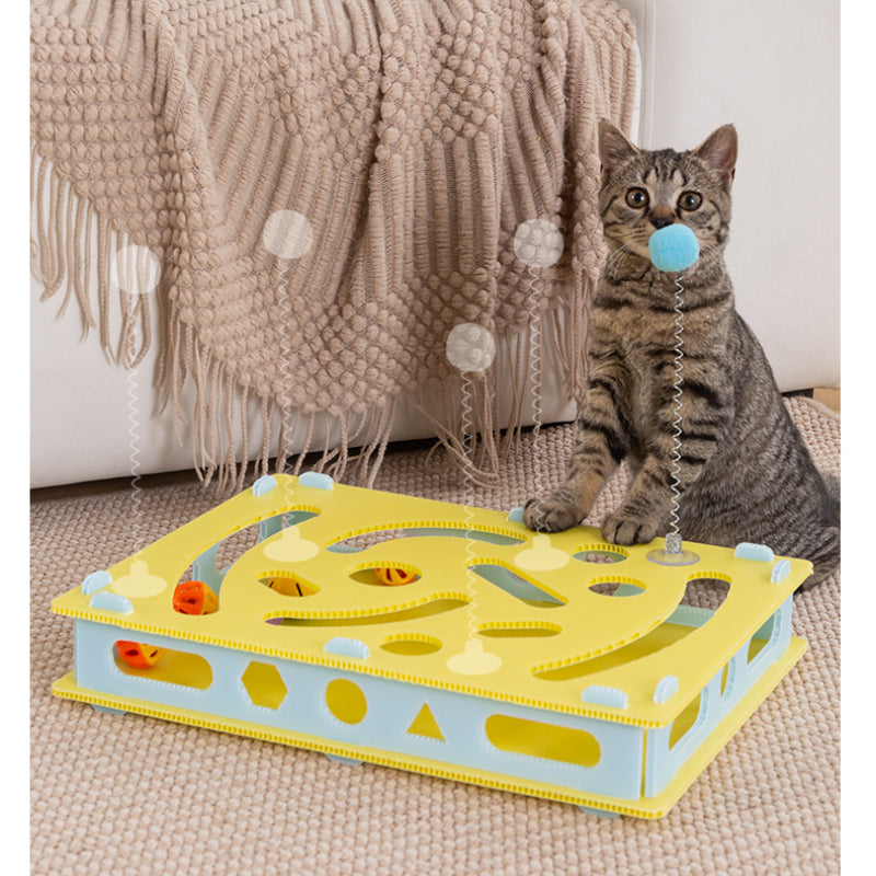 Intelligenzspielzeug Katze, Labyrinth-box Katzenspielzeug mit 6 Bimmelbällen und Frühling Katzenangel für Unterhaltung