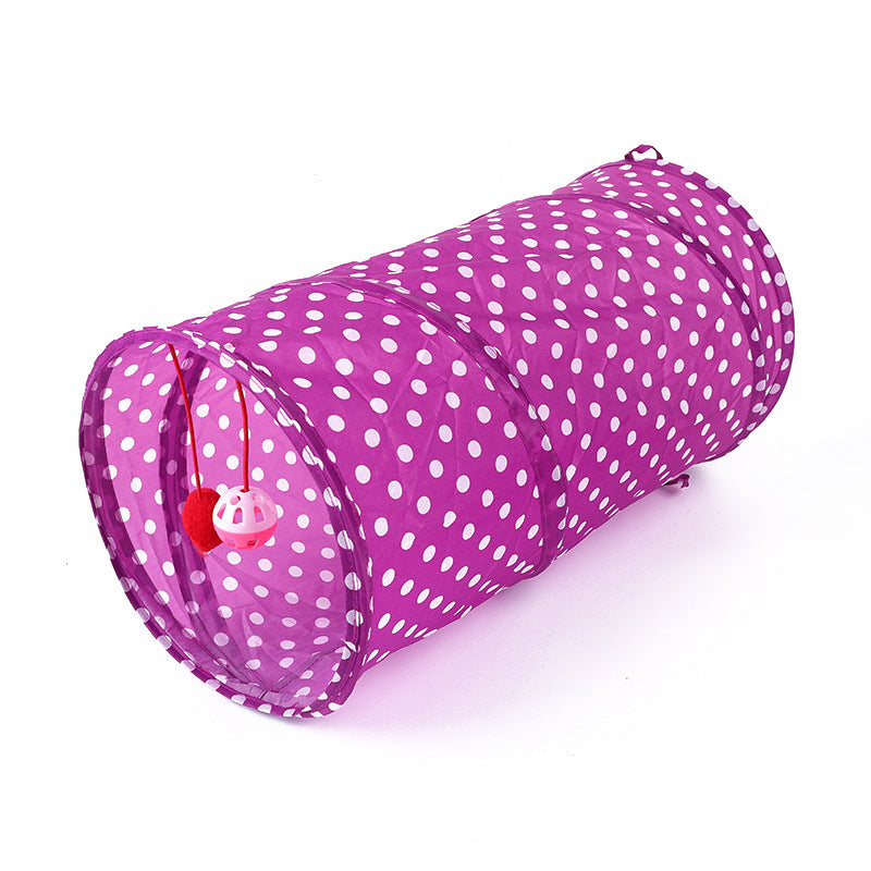 Katzentunnel, Interaktives Katzenspielzeug mit Plüschbällen und Glöckchen, Faltbarer Katzentunnel, Lila Punkten Design