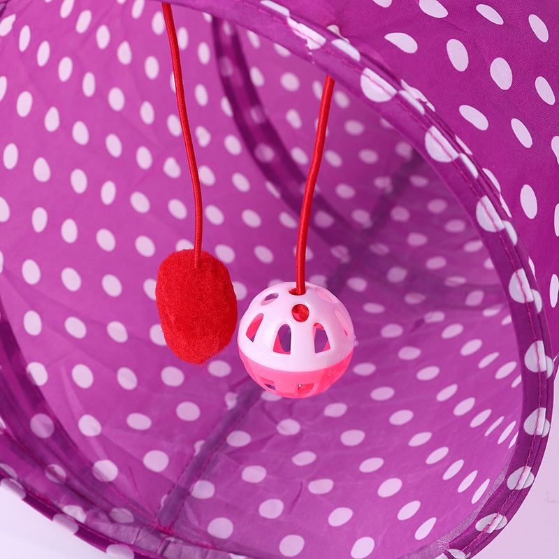 Katzentunnel, Interaktives Katzenspielzeug mit Plüschbällen und Glöckchen, Faltbarer Katzentunnel, Lila Punkten Design